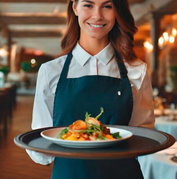 a beautiful young smiling server waitress in restaurant with pla