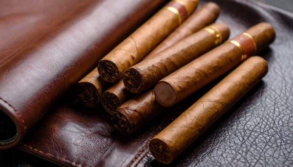Brown cigars nestled in dark leather